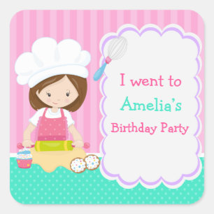 Cute Brunette Girl Baking Birthday Party Vierkante Sticker