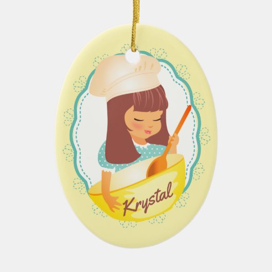 Cute brunette girl chef gepersonaliseerd kerstfees keramisch ornament (Voorkant)