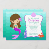 Cute Brunette Mermaid Invitation d'anniversaire (Devant / Derrière)