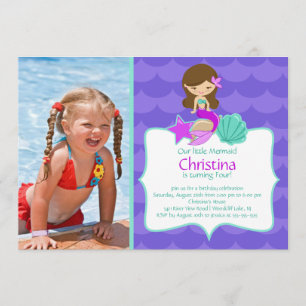 Cute Brunette Mermaid Photo Invitation d'anniversa