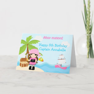 Cute Brunette Pirate Girl Birthday Party Kaart
