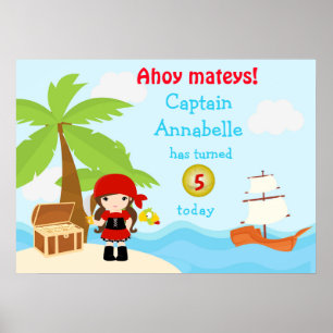 Cute Brunette Pirate Girl in Red Birthday Poster