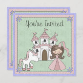 Cute Brunette Princess et Unicorn Invitation d'ann (Devant / Derrière)