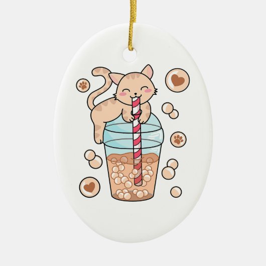 Cute Bubble Tea Cat Japanse Anime Pet Lover Keramisch Ornament (Voorkant)
