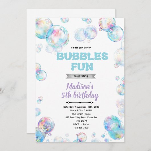Cute bubble theme party invitation (Devant / Derrière)