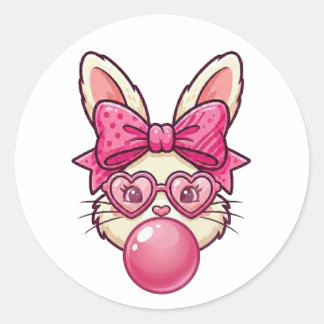 Cute Bubblegum Bunny with Heart Glasses Ronde Sticker