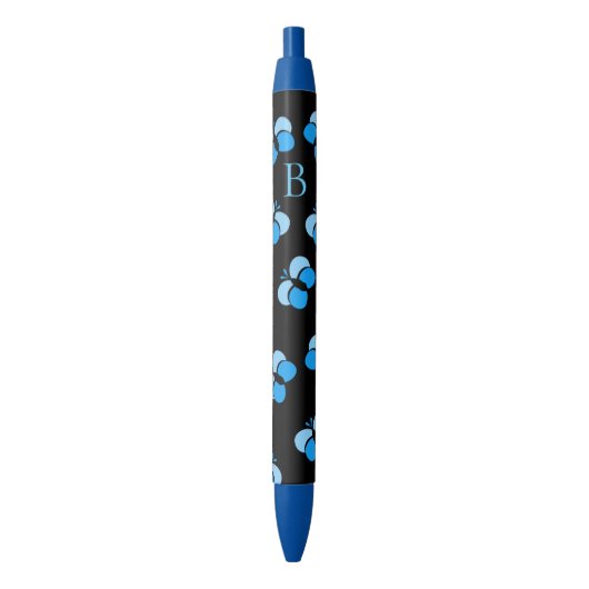 Cute Bubbly Blue Butterflies Monogram Blauwe Inkt Pen (Voorkant Verticaal)