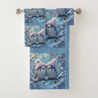 Cute budgies with bobble hats on a branch bad handdoek