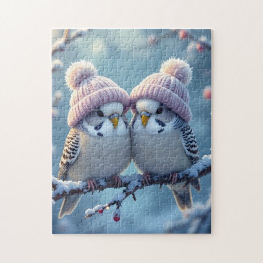 Cute budgies with bobble hats on a branch legpuzzel (Verticaal)