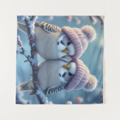 Cute budgies with bobble hats on a branch wandkleed (Voorkant (horizontaal))