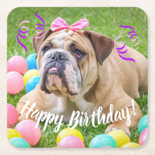 Cute Bulldog Happy Birthday Vierkante Kartonnen Onderzetter