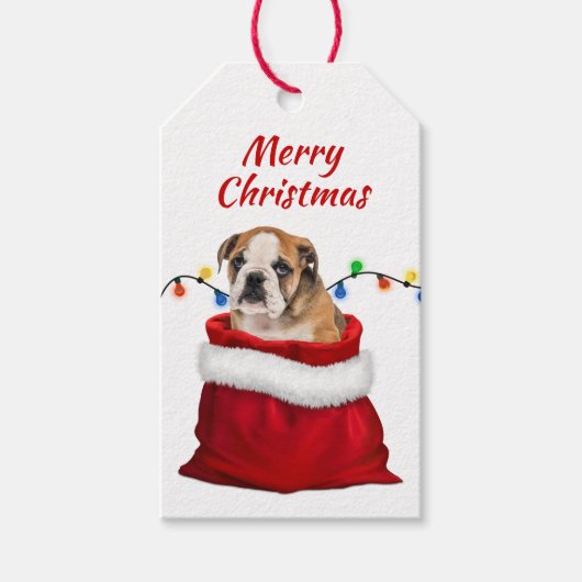 Cute Bulldog Puppy in Santa Bag Cadeaulabel (Voorkant)