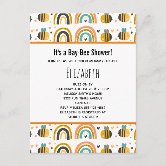 Cute Bumble Bee and Rainbows Pattern Baby shower Uitnodiging Briefkaart (Voorkant)