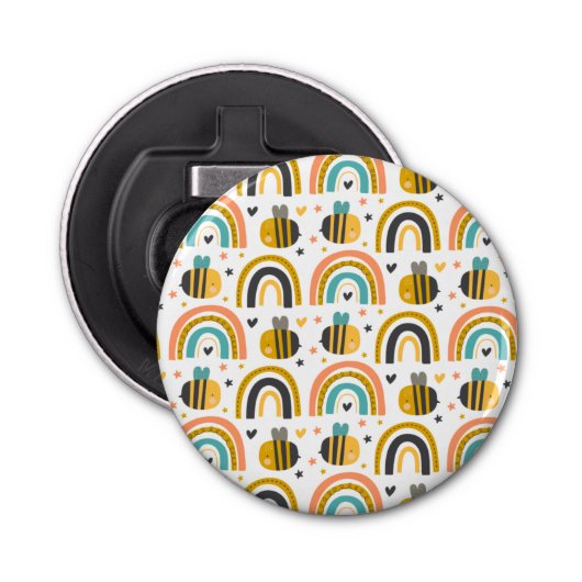 Cute Bumble Bee and Rainbows Pattern Button Flesopener (Voorkant)