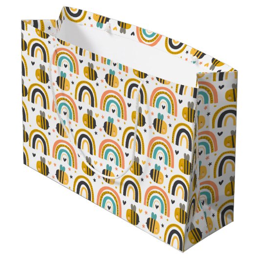 Cute Bumble Bee and Rainbows Pattern Groot Cadeauzakje (Achterkant Gekanteld)