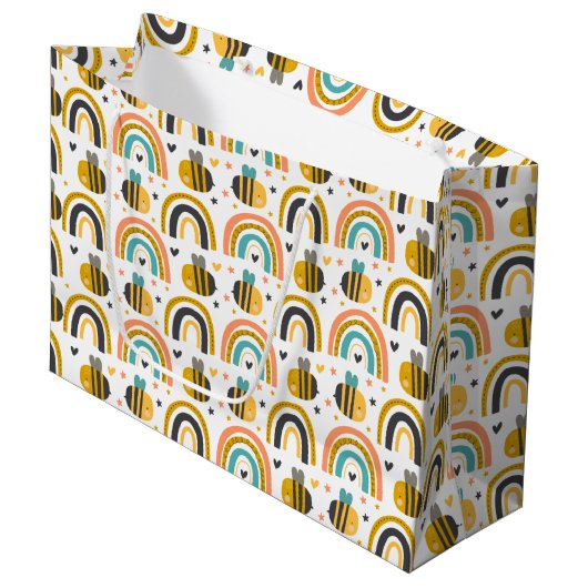 Cute Bumble Bee and Rainbows Pattern Groot Cadeauzakje (Voorkant Gekanteld)