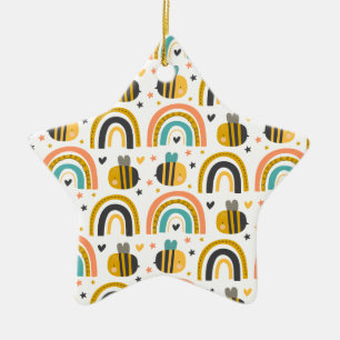 Cute Bumble Bee and Rainbows Pattern Keramisch Ornament