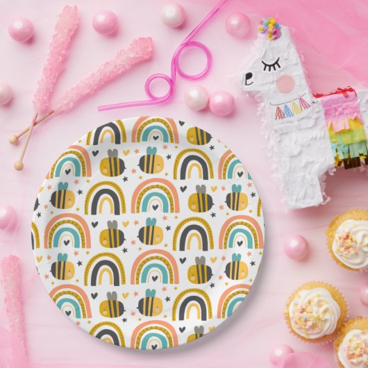 Cute Bumble Bee and Rainbows Pattern Papieren Bordje (Feest)