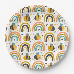Cute Bumble Bee and Rainbows Pattern Papieren Bordje