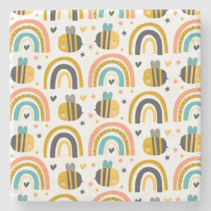 Cute Bumble Bee and Rainbows Pattern Stenen Onderzetter