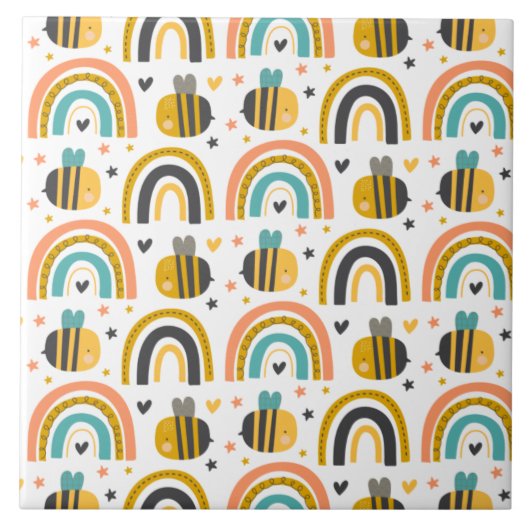 Cute Bumble Bee and Rainbows Pattern Tegeltje (Voorkant)