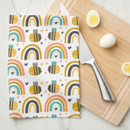 Cute Bumble Bee and Rainbows Pattern Theedoek (Quarter Fold)