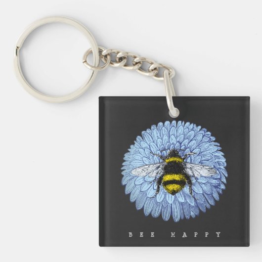 Cute Bumblebee op Blue Flower Natuur Black Sleutelhanger (Voorkant)