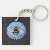 Cute Bumblebee op Blue Flower Natuur Black Sleutelhanger (Achterkant)