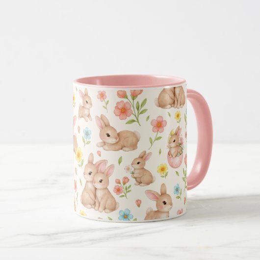 Cute Bunnies and Flowers Pattern Mok (Voorkant rechts)