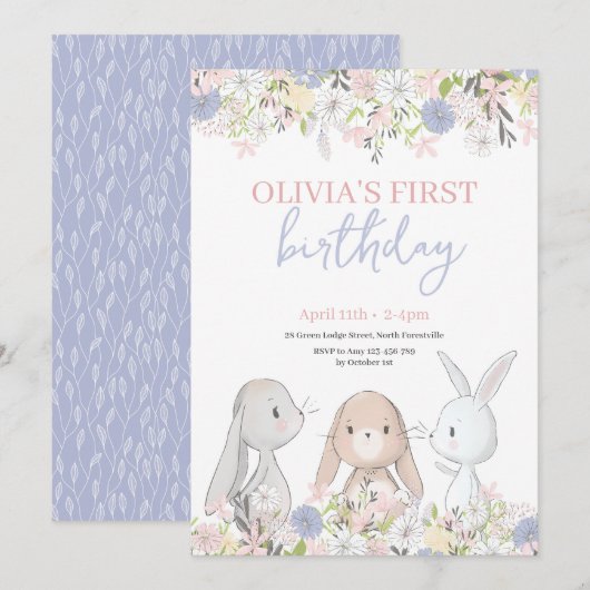 Cute Bunnies Birthday Invitation Kaart (Voorkant / Achterkant)