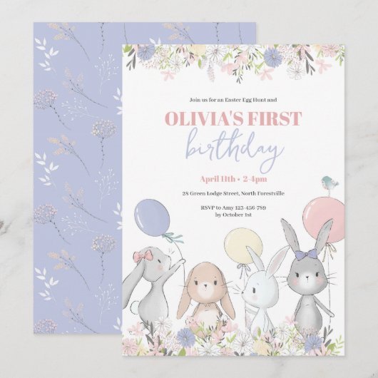 Cute Bunnies Birthday Invitation Kaart (Voorkant / Achterkant)