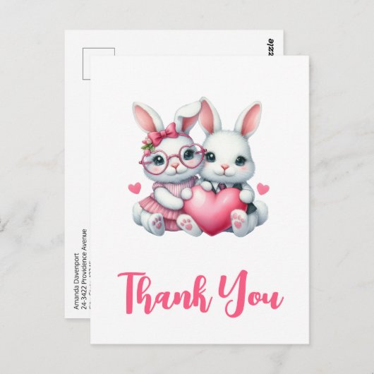 Cute Bunnies Sharing a Heart Thank You Briefkaart (Voorkant / Achterkant)