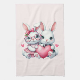 Cute Bunnies Sharing a Heart Theedoek