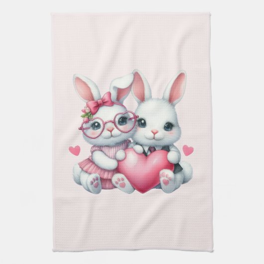 Cute Bunnies Sharing a Heart Theedoek (Verticaal)