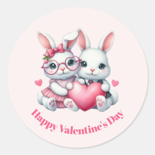 Cute Bunnies Sharing a Heart Valentine's Day Ronde Sticker (Voorkant)