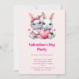 Cute Bunnies Sharing a Heart Valentine's Party Kaart