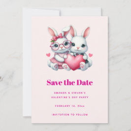 Cute Bunnies Sharing a Heart Valentine's Party Save The Date