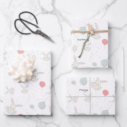 Cute Bunny and Balloons Personalized Inpakpapier Vel (Voorkant)