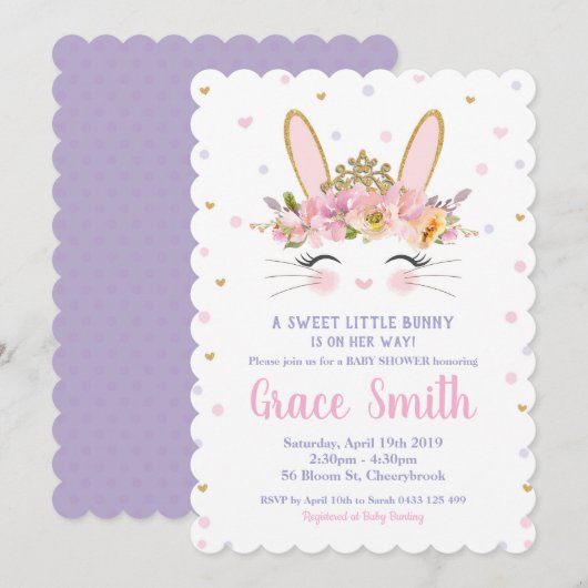 Cute Bunny Baby shower Invitation Girl Purple (Devant / Derrière)