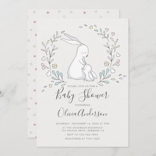 Cute Bunny Baby shower Invitation Kaart (Voorkant / Achterkant)