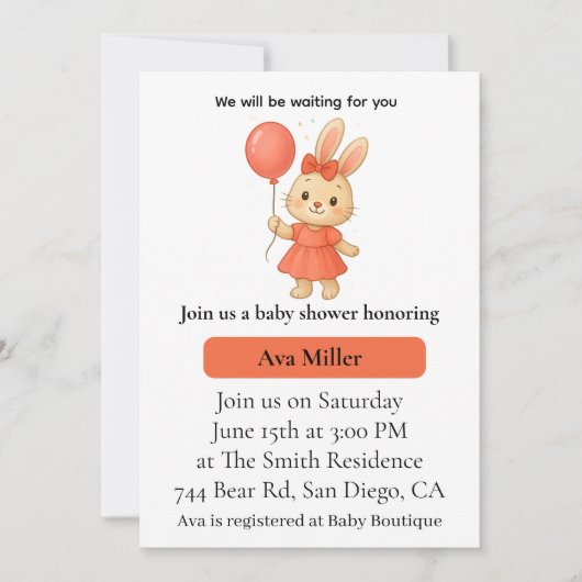 Cute Bunny Baby Shower Invitation | Pink Floral De (Devant)