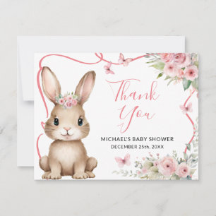 Cute Bunny Baby Shower Meisje Roze Bloemen Bedankkaart