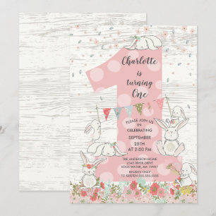 Cute Bunny Big One Girls Birthday Invitation Kaart