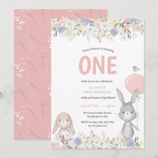 Cute Bunny Birthday Invitation Kaart (Voorkant / Achterkant)