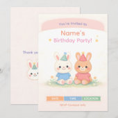 Cute Bunny Birthday Invitation | Pastel Kids Birth (Devant / Derrière)