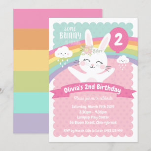 Cute Bunny Birthday Invitations Girls Rainbow Kaart