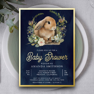Cute Bunny Bloemen Navy Blauwe Baby Shower Goud Folie Uitnodiging