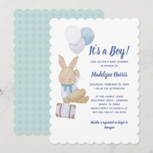 Cute Bunny Blue Balloons zijn een Baby shower Kaart