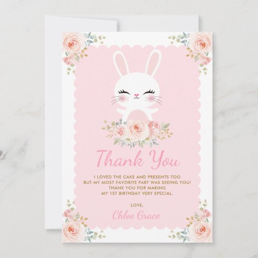 Cute Bunny / Blush Pink Floral Rabbit Birthday Bedankkaart (Voorkant)