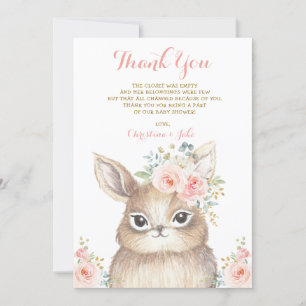 Cute Bunny Blush Pink Gold Floral Baby shower Bedankkaart